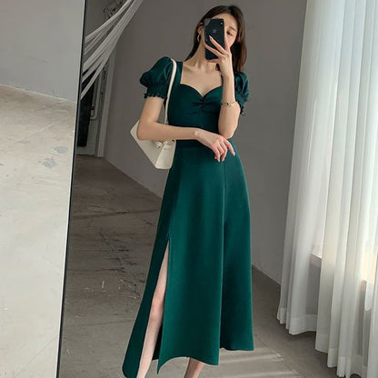 Midi Neck Puff Plain Sleeve Slit Sweetheart A-Line Dress