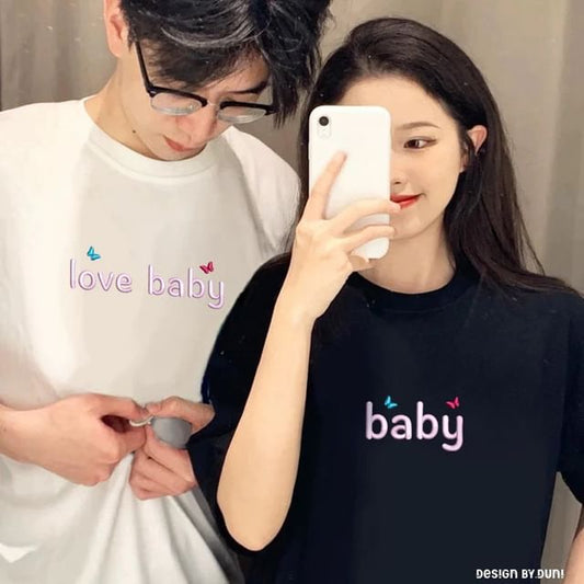 Couple Lettering Matching Sleeve Round Short Print T-Shirt Neck