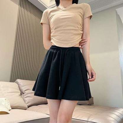 Drawstring Plain Waist Wide Leg Shorts