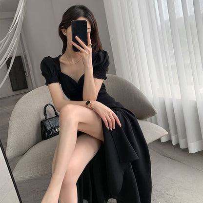 Midi Neck Puff Plain Sleeve Slit Sweetheart A-Line Dress