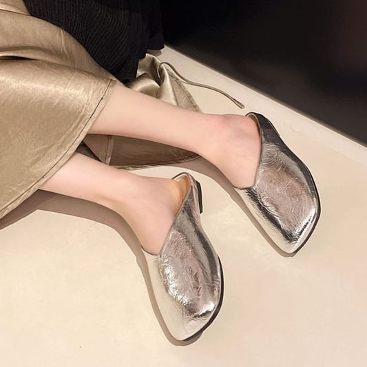 Metallic Mules Toe Square Faux Leather