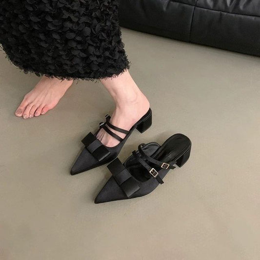 Bow Mary Heel Mules Pointed Toe Chunky Jane