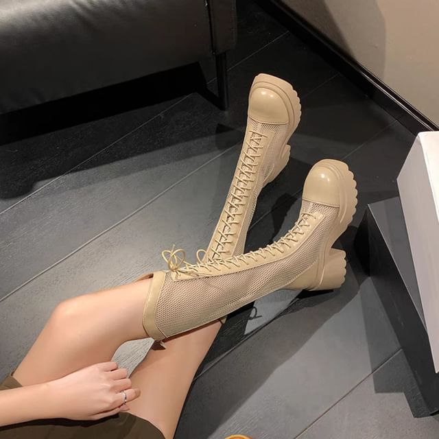Heel Mesh Lace-Up Chunky Platform Panel Tall Boots