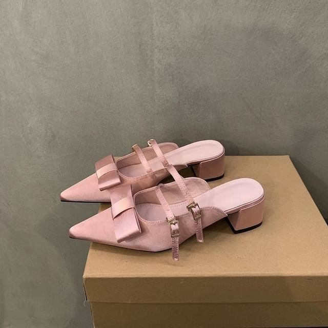 Bow Mary Heel Mules Pointed Toe Chunky Jane