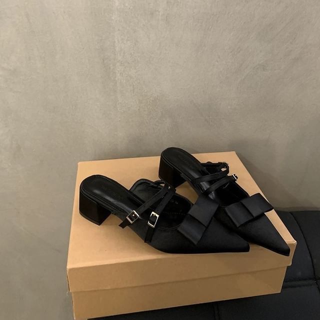 Bow Mary Heel Mules Pointed Toe Chunky Jane