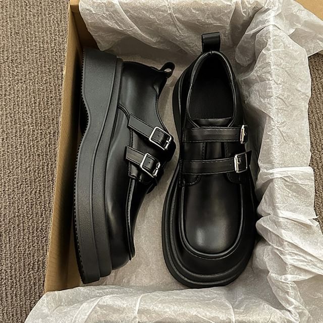 Leather Faux Loafers Platform Buckled