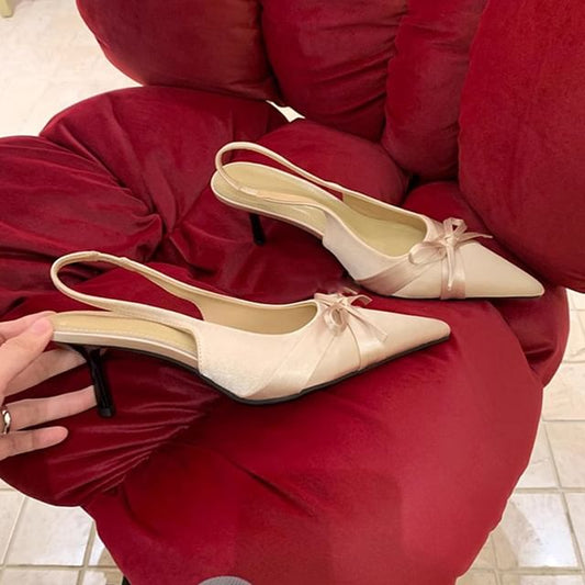 Pointy Slingback Heel Sandals High Plain Bow
