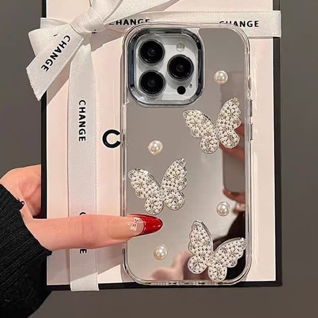 Faux Strap Pearl Butterfly Case / Set Mirrored Phone