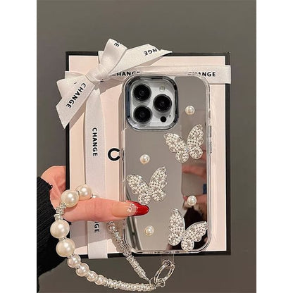 Faux Strap Pearl Butterfly Case / Set Mirrored Phone