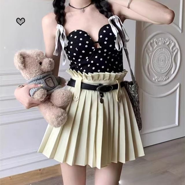 Skirt A-Line Pleated Mini Rise Belted Plain High