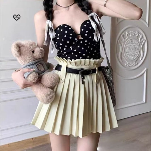 Skirt A-Line Pleated Mini Rise Belted Plain High
