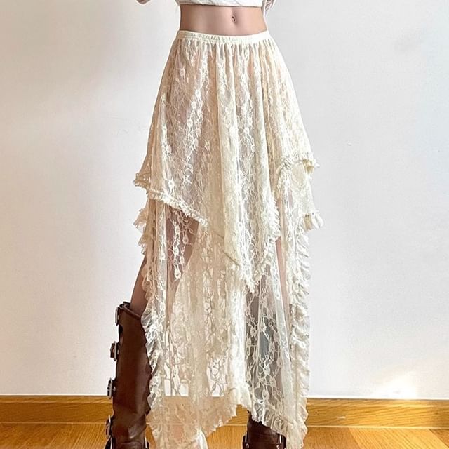 Plain Rise High Lace Skirt A-Line Midi