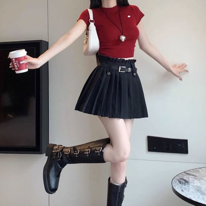 Skirt A-Line Pleated Mini Rise Belted Plain High
