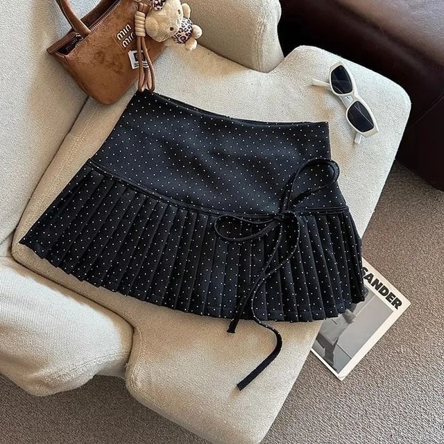 Pleated High Skirt A-Line Dotted Mini Rise