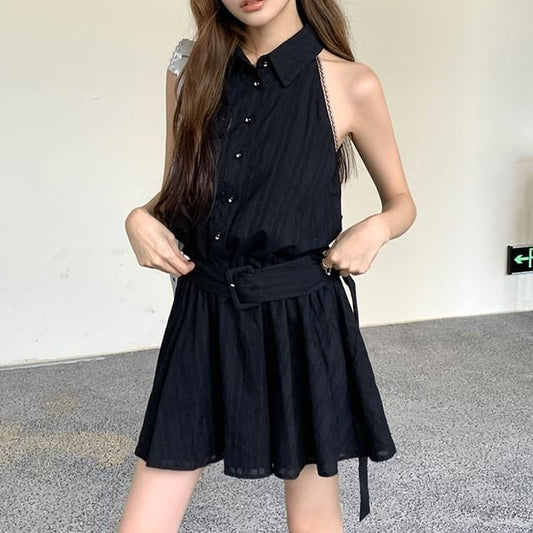 Sleeveless Striped Collared Belted Mini A-Line Dress