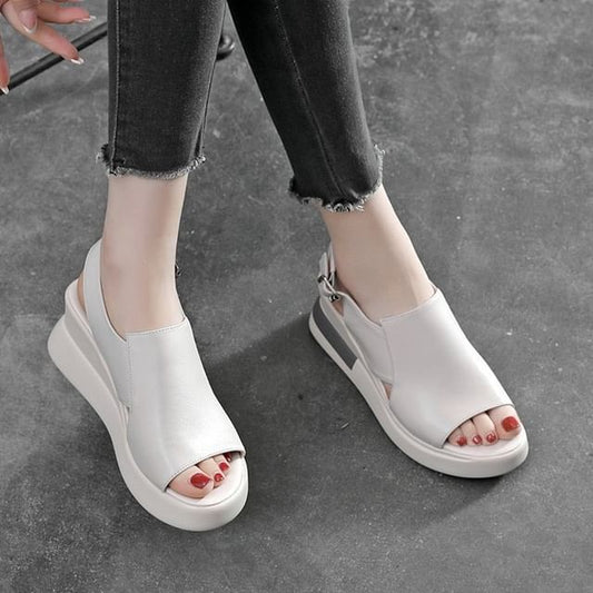Sandals Plain Leather Wedge Heel Faux Slingback