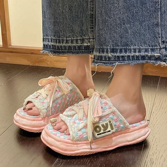 Sandals Checkerboard Sneakers Platform Frayed Lace-Up