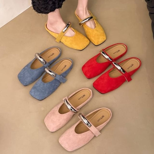 Metal Toe Mules Accent Square Faux Mary Suede Jane