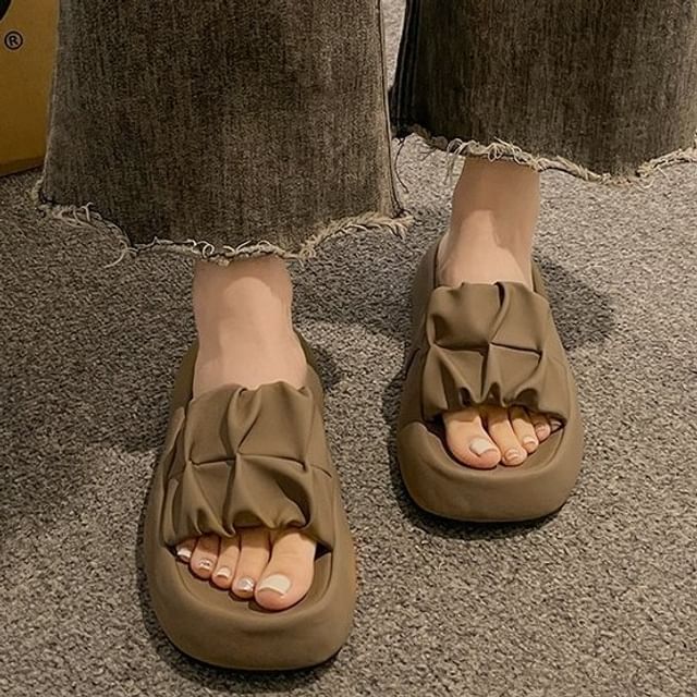 Sandals Leather Faux Plain Ruched Slide Platform