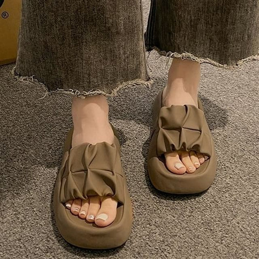 Sandals Leather Faux Plain Ruched Slide Platform
