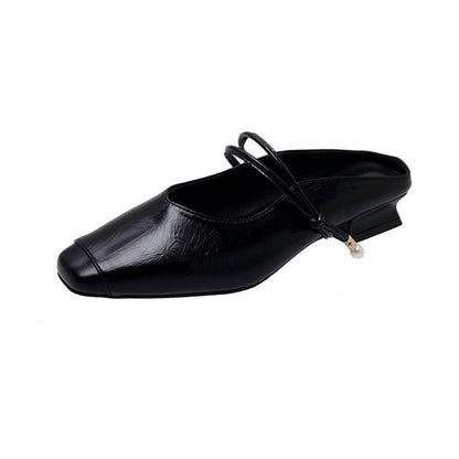 Faux Heel Plain Mules Mary Leather Jane Low