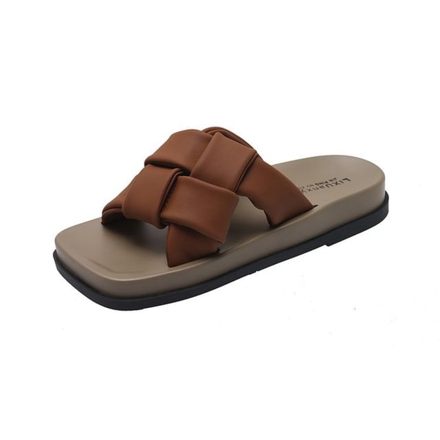 Faux Platform Leather Square Woven Toe Sandals