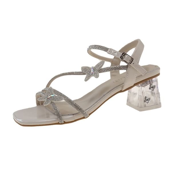 Ankle Chunky Butterfly Square Heel Strap Toe Rhinestone Sandals