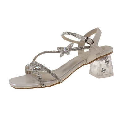 Ankle Chunky Butterfly Square Heel Strap Toe Rhinestone Sandals