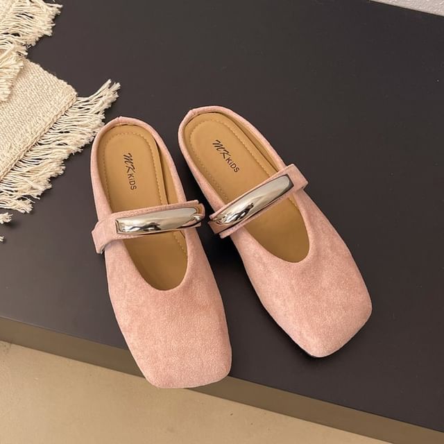 Metal Toe Mules Accent Square Faux Mary Suede Jane