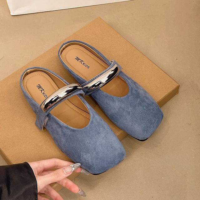 Metal Toe Mules Accent Square Faux Mary Suede Jane