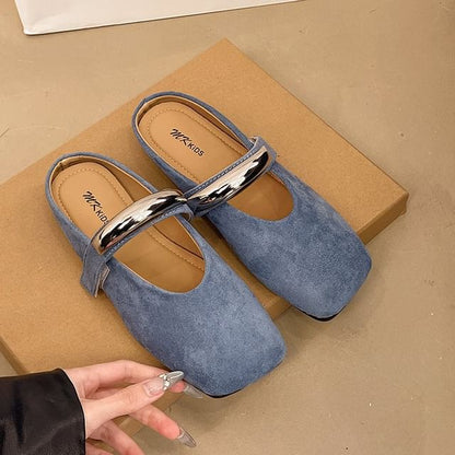 Metal Toe Mules Accent Square Faux Mary Suede Jane