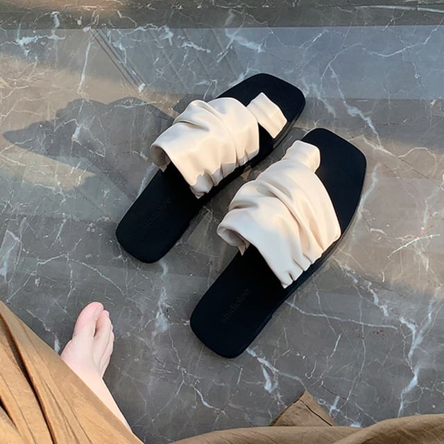 Loop Square Toe Faux Ruched Slide Sandals Leather