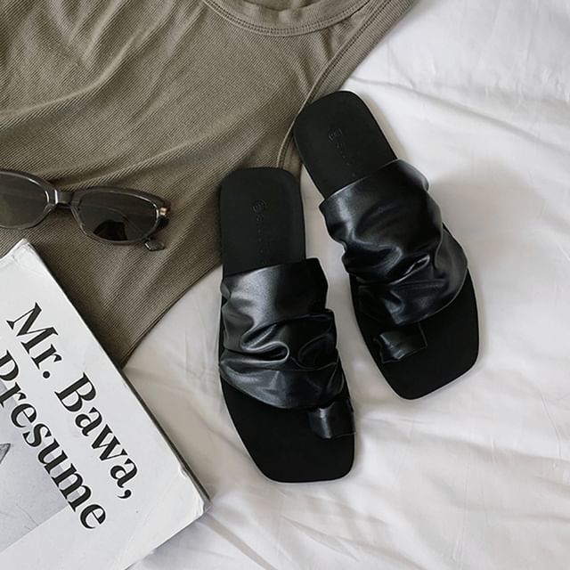 Loop Square Toe Faux Ruched Slide Sandals Leather