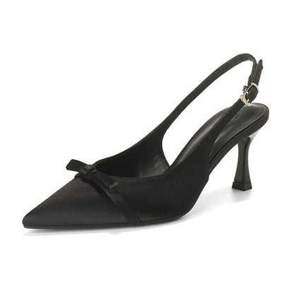 High Pointed Satin Slingback Heel Toe Sandals Bow
