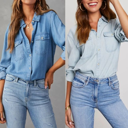 Long Sleeve V-Neck Loose-Fit Denim Shirt