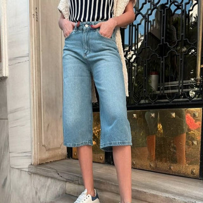 Washed Waist Straight-Leg Pocket Shorts Denim Low