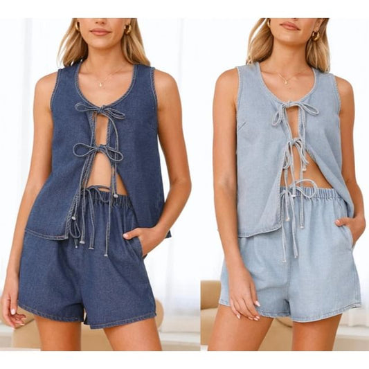 Set: V-Neck Tie-Front Denim Tank Top + High Waist Wide-Leg Mini Shorts