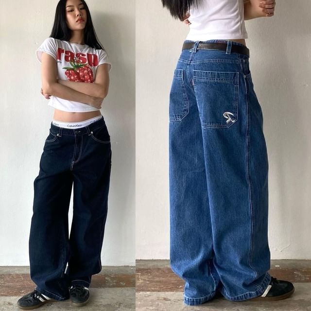 Low Rise Washed Loose-Fit Wide-Leg Jeans