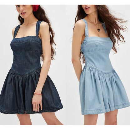 Sleeveless Square-Neck Washed Slim-Fit Mini Denim Dress