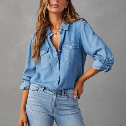 Long V-Neck Shirt Loose-Fit Denim Sleeve