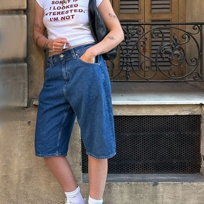 Washed Waist Straight-Leg Pocket Shorts Denim Low
