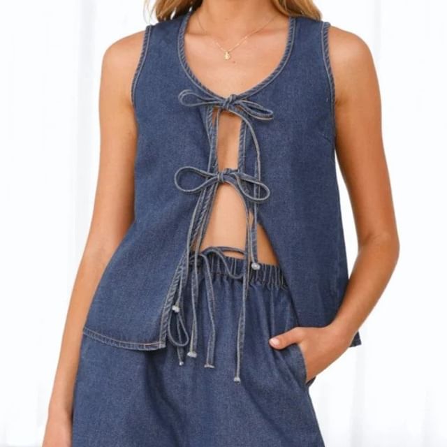 Set: V-Neck Tie-Front Denim Tank Top + High Waist Wide-Leg Mini Shorts