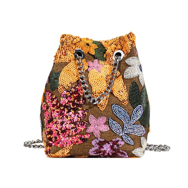 Sample Leaf Embroidered Sequin Chain Strap Bucket Bag / Studded Faux Leather Bucket Bag