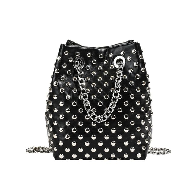 Sample Leaf Embroidered Sequin Chain Strap Bucket Bag / Studded Faux Leather Bucket Bag