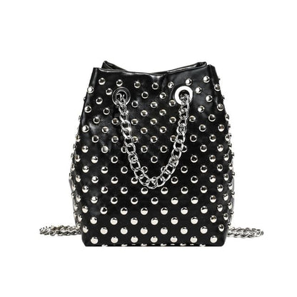 Sample Leaf Embroidered Sequin Chain Strap Bucket Bag / Studded Faux Leather Bucket Bag