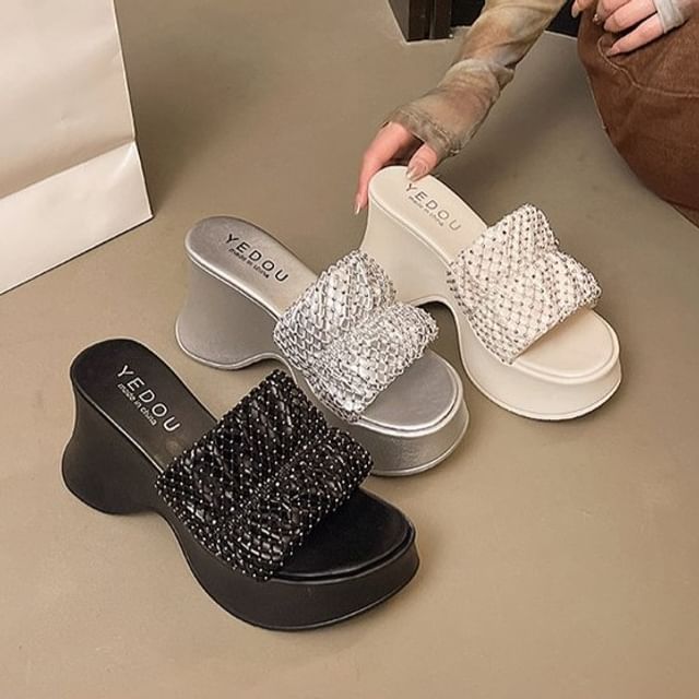 Sandals Rhinestone Slide Platform Heel Wedge