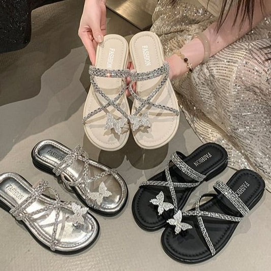 Slide Toe Sandals Criss Cross Butterfly Loop Rhinestone
