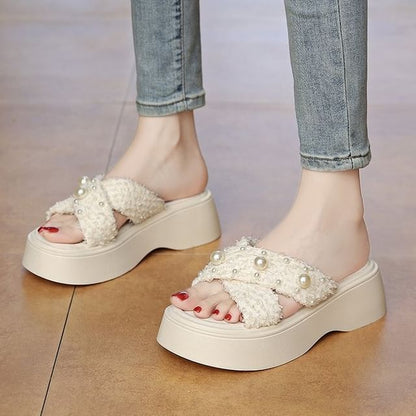 Criss Slide Platform Sandals Pearl Cross Faux