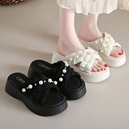 Slide Faux Platform Criss Sandals Cross Pearl