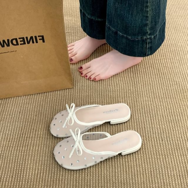 Rhinestone Mules Bow Mesh